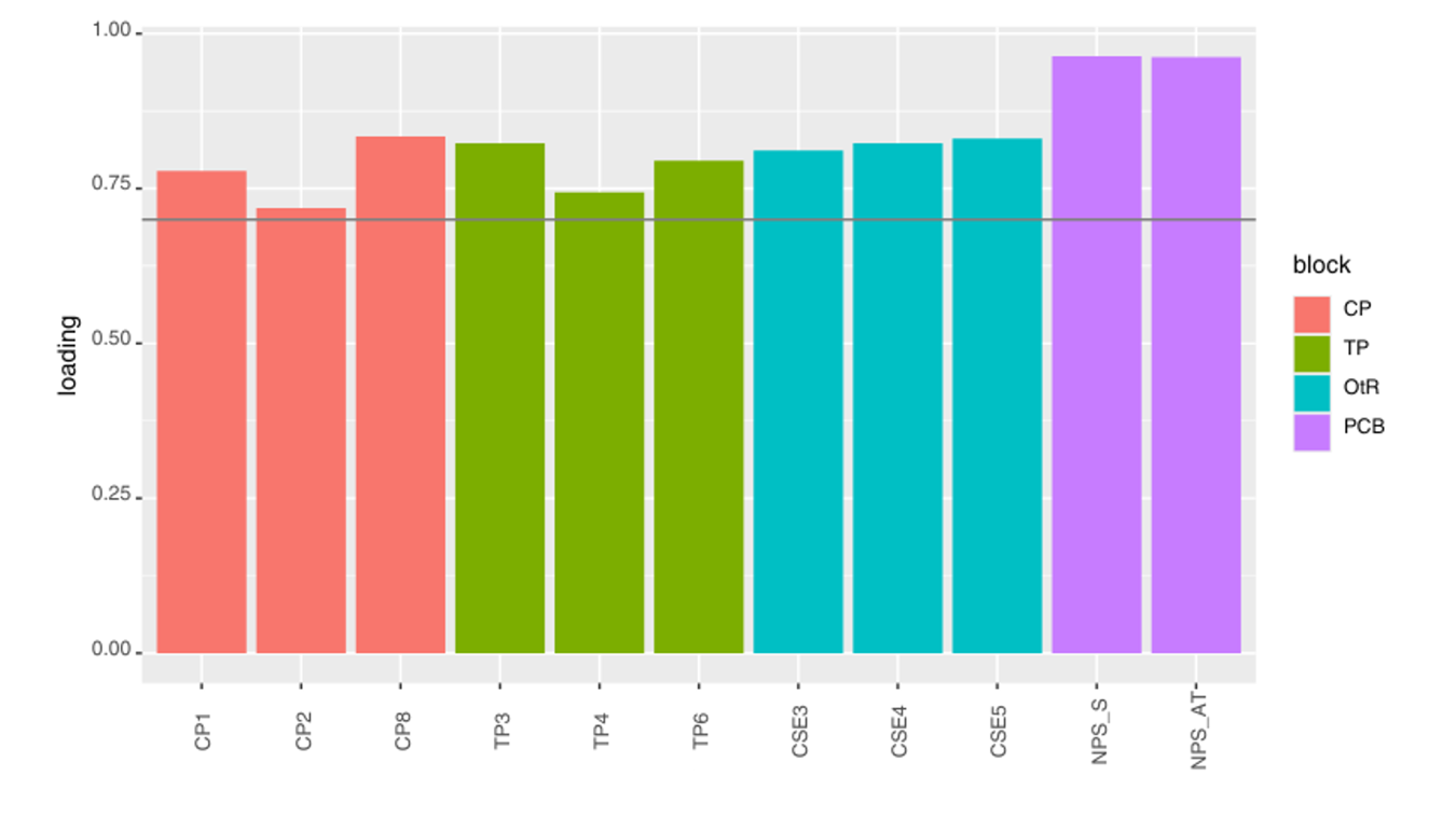 Factor loadings greater than 0.7 for each indicator.
